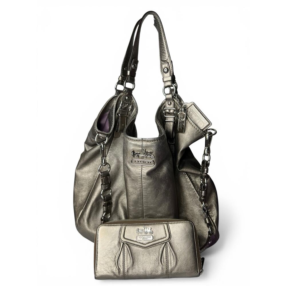 COACH Madison Metallic Pewter Leather 15958 Bag & Matching Wallet Set